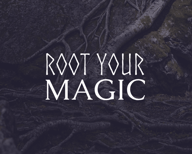 root-your-magic-title Text:root your magic on top of tree roots hugging a huge stone
