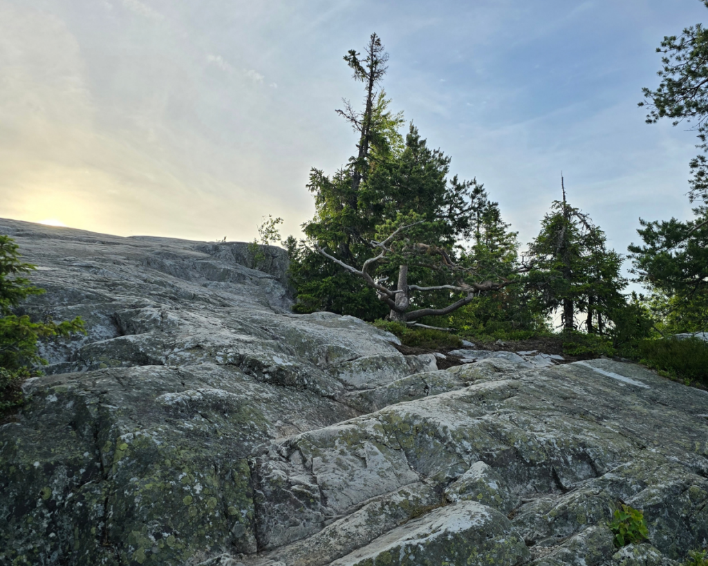 akka-koli mountain with some trees and sun peaking from behind it